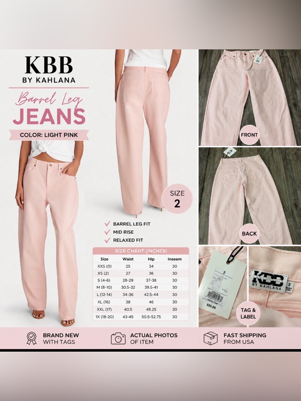 KBB nWT Light Pink Barrel Leg Jeans - Size 2
